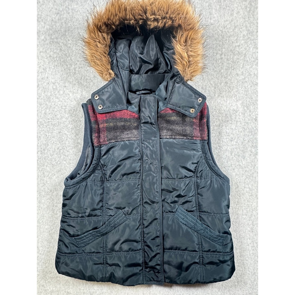 Altar'd State Womens Plaid Yoke Puffer Vest Faux Fur Hood Navy Blue Large